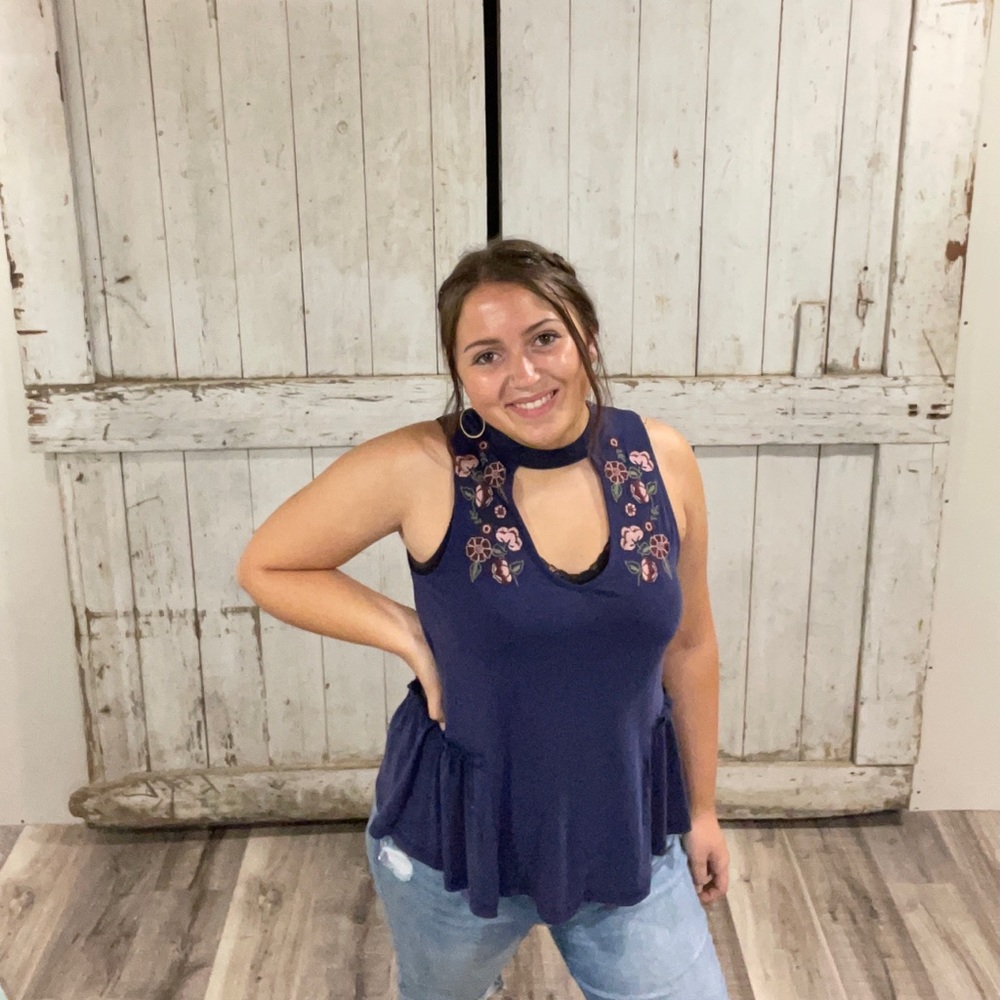 Navy floral halter tank